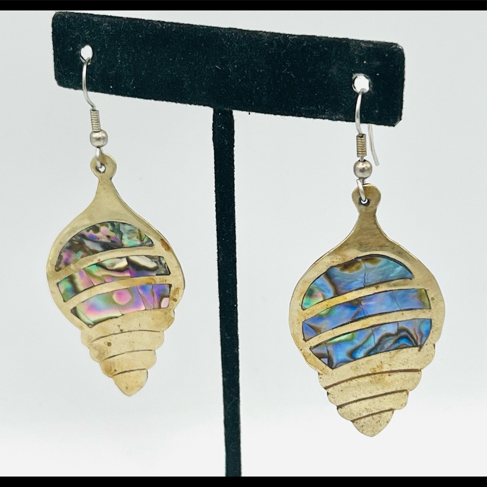 Vintage silver ALPACA MEXICO abalone shell earrings dangles - Picture 4 of 10